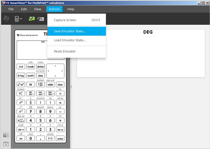 Lagre og laste en MathPrint -emulator Status Når du lagrer MathPrint emulatortilstand, skapes en fil som lagrer emulatorinnstillinger med alle endringene du har gjort.