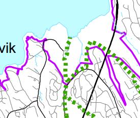 Fig. : Kommuneplanens arealdel. Temakart grøntfaglige interesser. Lilla strek viser funksjonell strandsone og grønn stiplet linje viser grønne korridorer (eksisterende og vurdert behov). 6.