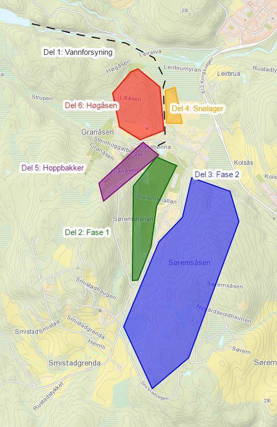 Snøproduksjons- anlegget - planer Del 1: Vannforsyning: Lavtrykksnett fra vannkilde til skisenteret Del 2: Granåsen vest: Langrennsløyper med snøproduksjon vest for Smestadvegen Del 3: Granåsen øst: