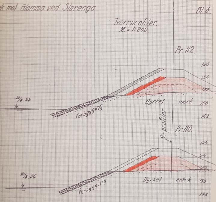 2 Faktadel Figur 2 Planlagt skissene fra 1956 (tegningen fra NVE arkivet) 2.3 Større skader, utført vedlikehold og oppgraderinger Under flommen i 1995 brøt flomverket ved Lauta sammen.