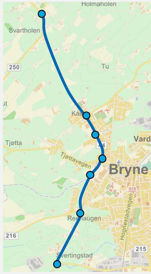 2. Alternative løsninger Basisløsningen Basisløsningen innebærer utvidelse/ombygging av dagens veg mellom Braut og Re/Brøytvegen, en strekning på litt i underkant av 5 km. Se figur 1.