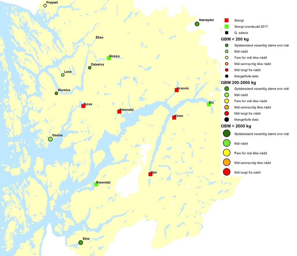 RAPPORT FRA VITENSKAPELIG RÅD FOR LAKSEFORVALTNING NR. 11b HORDALAND Figur 3.9. Kart over vurderte laksevassdrag i Hordaland med oversikt over beskatningsvurderinger.