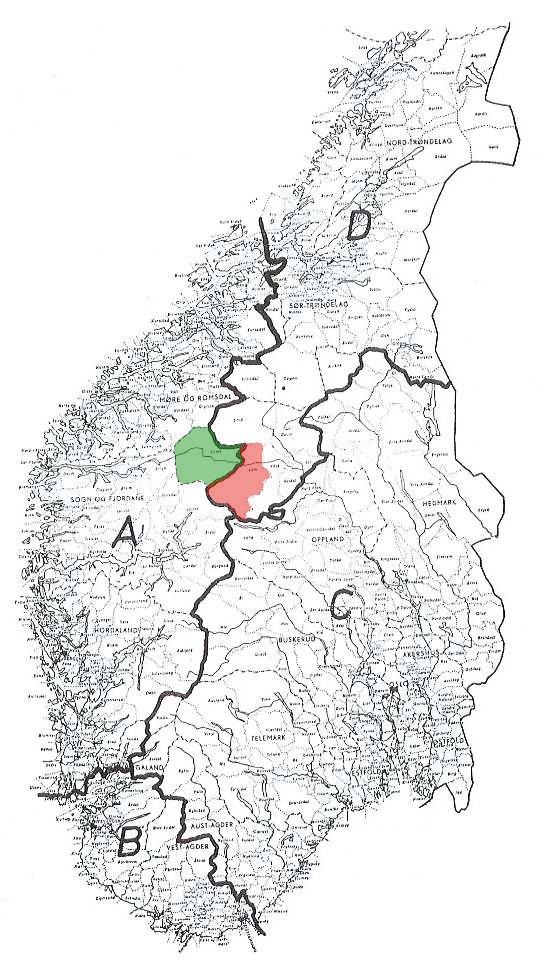 Figur 2-8 og 2-9 syner karta 17 med inndelinga av tonale isoglossar i Sør-Noreg. I karta har eg markert Lom kommune med raudt, og Skjåk kommune med grønt.