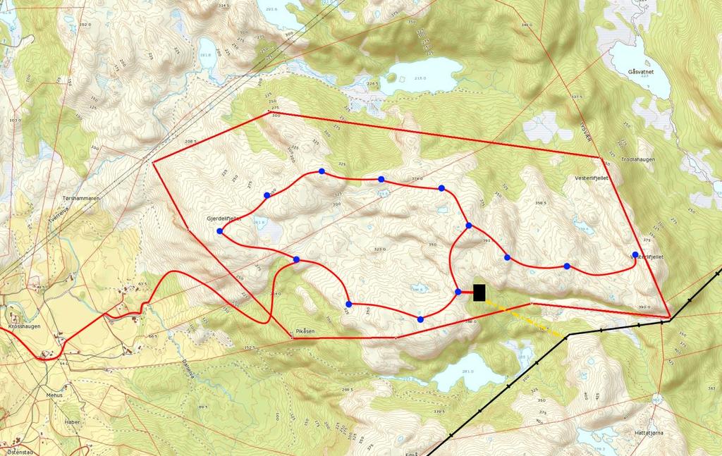 Vedlegg 1. Kart - Dalbygda Vindkraftverk m/ nettilknytning Kraftlinjer forbi Dalbygda Vindkraftverk i Tysvær kommune.