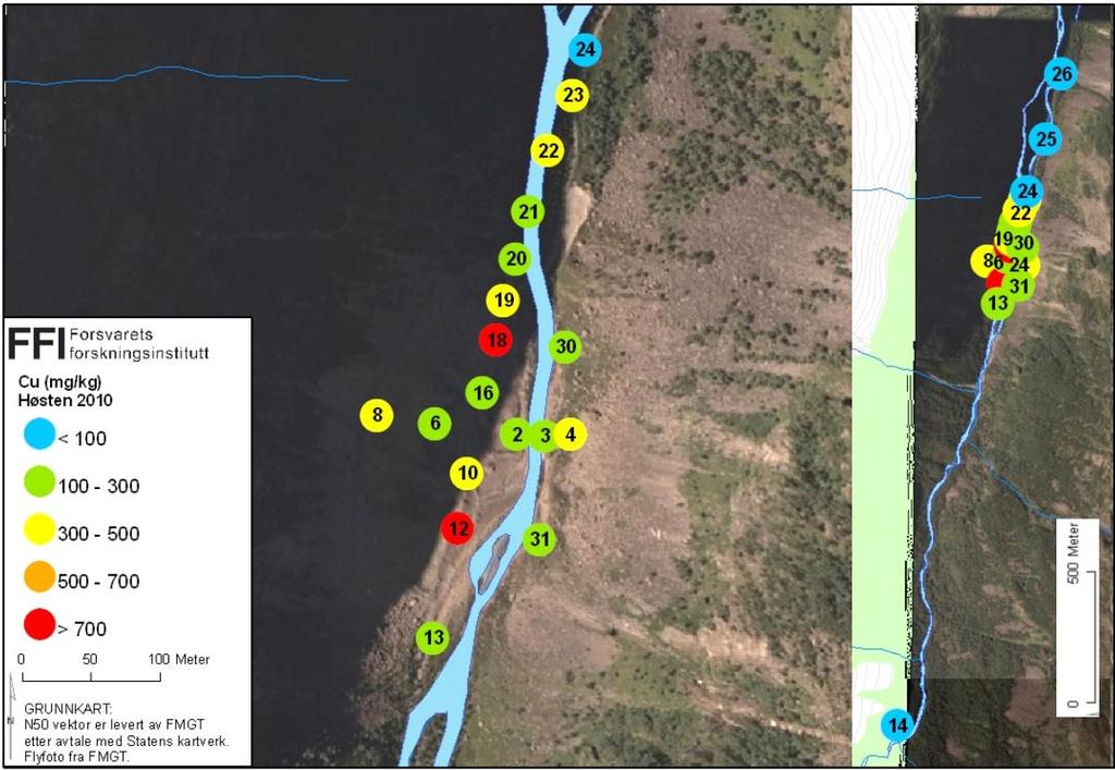 Figur 3.1 Konsentrasjonsnivåer av kobber i jordprøver tatt fra Øyradalen i 2010.