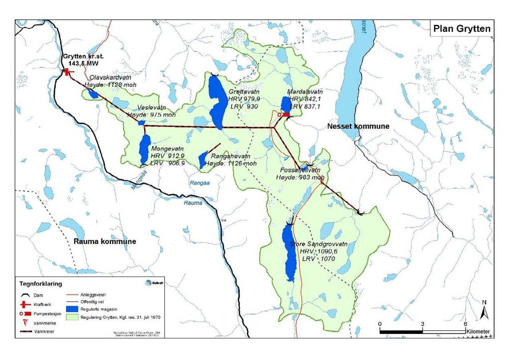 Figur 1b. Kart over Gryttenutbyggingen. Kartdata:Statkraft Nedbørsfeltet til Osbumagasinet består for det mest av snaufjell, litt dvergbjørk og viervegetasjon. Det ligger mange hytter ved magasinet.