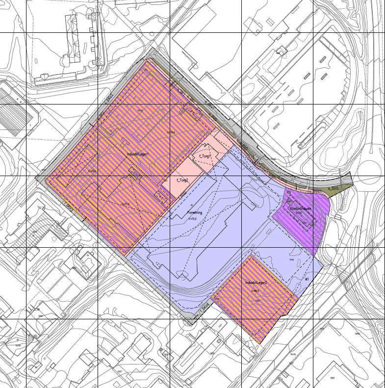 Plankart viser foreslått arealformål, hvor blått viser område tenkt transformert til forretning. Lys rosa viser foreslått plassering av torg.