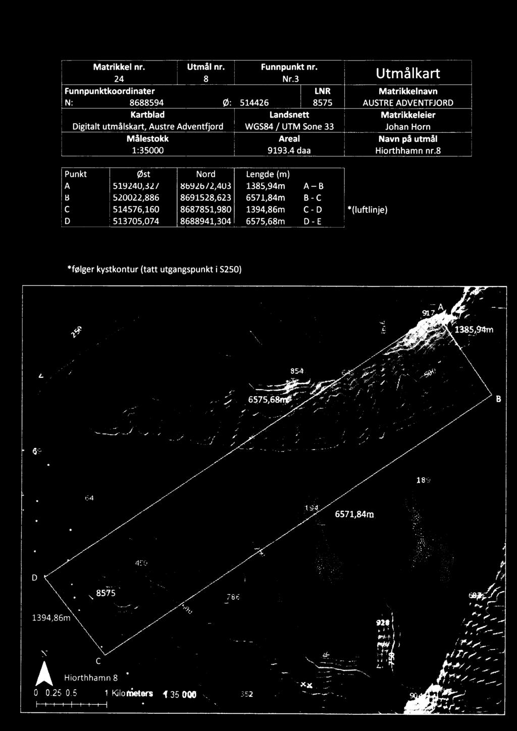 4 daa Punkt Øst Nord Lengde(m) A 51924052 / 8b926/2,403 1385,94m A B B 520022,886 8691528,623 6571,84m B - C C 514576,16O 8687851,98O 1394,86m C - D D