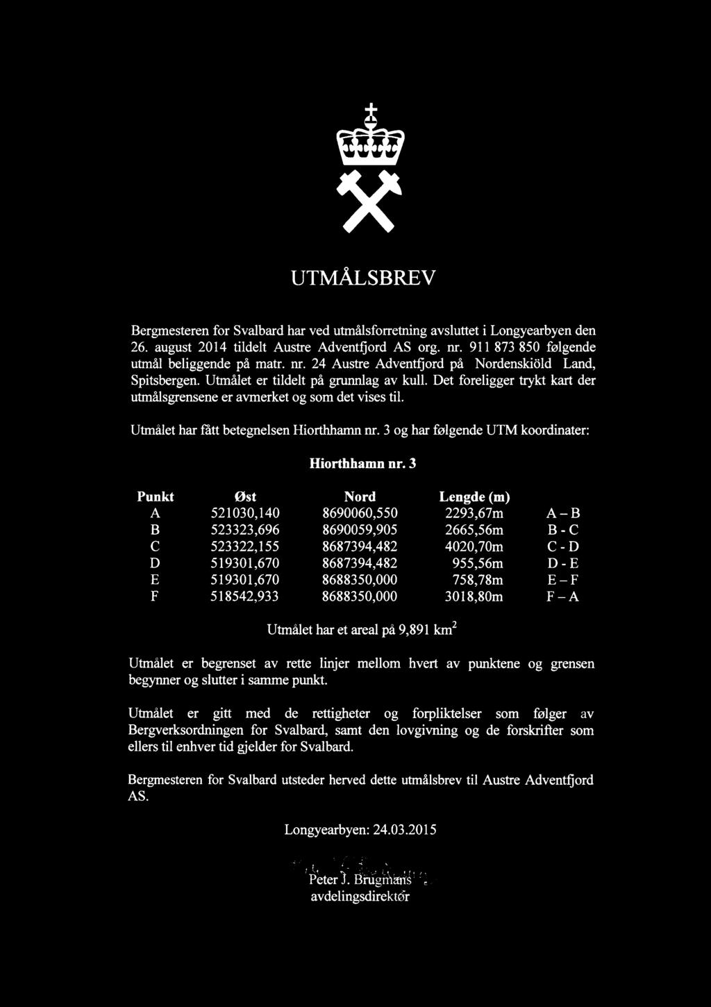 UTMÅLSBREV Bergmesteren for Svalbard har ved utmålsforretning avsluttet i Longyearbyen den 26. august 2014 tildelt Austre Adventfjord AS org. nr.