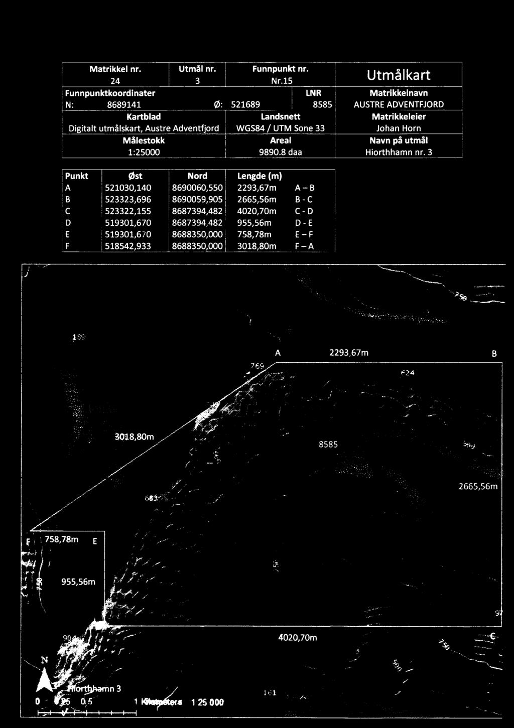 8 daa Utmålkart Matrikkelnavn AUSTRE ADVENTFJORD Matrikkeleíer Johan Horn Navn på utmål Hiorthhamn nr.