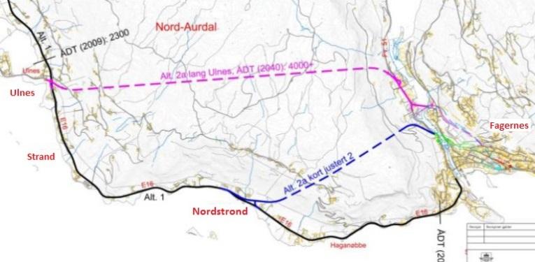 3 På bakgrunn av linja Alt. 2a kort justert, følger her en beskrivelse og grovt kostnadsoverslag for fire alternativer: Alternativ A: Tunnel fra Fagernes sør til Strand uten kobling til fv.