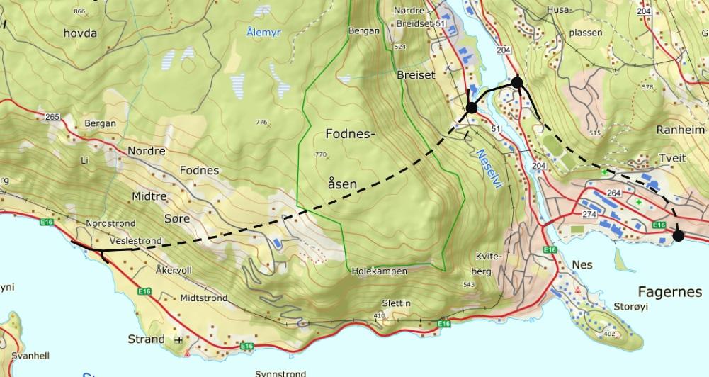 8 Alternativ D: Tunnel til Strand kombinert med vedtatt KDP i Fagernes Figur 9: Skisse av en tunnelløsning til Strand kombinert med den vedtatte E16-løsningen i Fagernes med kryss på begge sider av