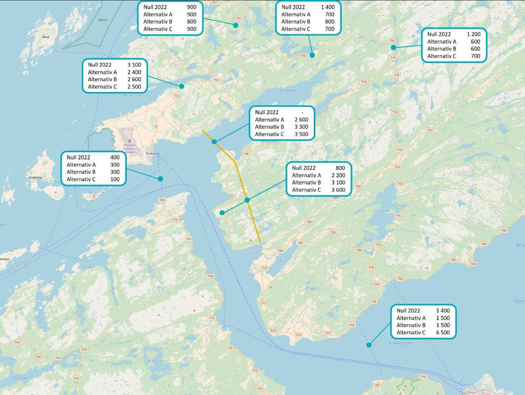 De nye analyserte alternativene er satt sammen på følgende måte: Tabell 2: Beregningsalternativer Alternativ A Alternativ B Alternativ C Tiltak A: Bru over Stjørnfjorden Tiltak A+B: Bru over