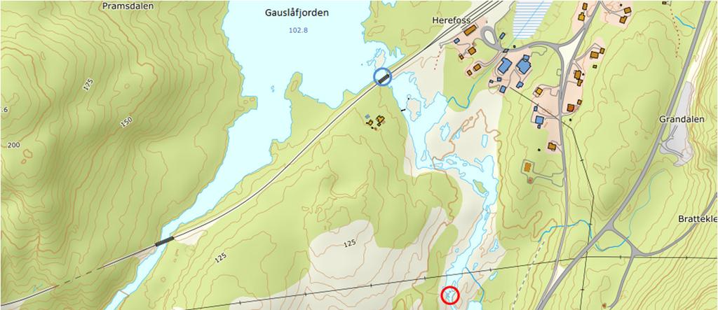 Figur 3. Området ved tettstedet Herefoss. Mesteparten av vannføringen går ned gjennom Herefossen (til venstre), som er bratt og vandringshindrende.