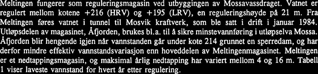 Fra Meltingen føres vatnet i tunnel til Mosvik kraftverk, som ble satt i drift i januar 1984. Utløpsdelen av magasinet, Afjorden, brukes b1.a. til A sikre minstevannføring i utløpselva Mossa.