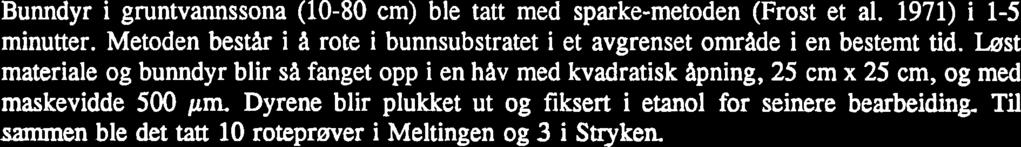 4.3 Bunndyr Bunndyr i gruntvannssona (10-80 cm) ble tatt med sparke-metoden (Frost et al. 1971) i 1-5 minutter. Metoden bes& i A rote i bunnsubstratet i et avgrenset omriide i en bestemt tid.