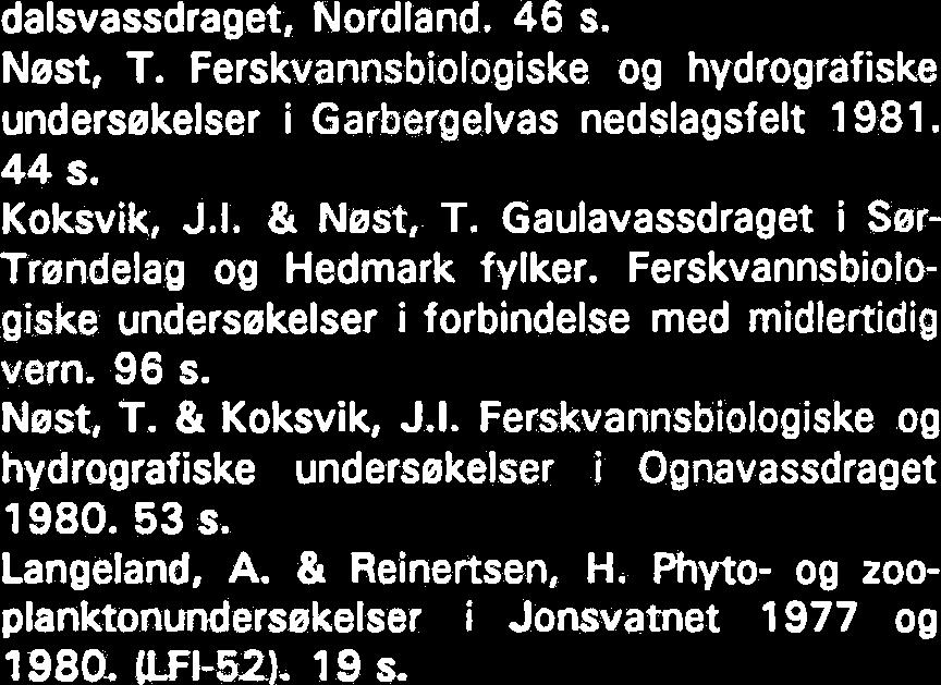 42 s. Nest, T. & Koksvik, J.I. Ferskvannsbiologiske og hydrografiske undersekelser i Snasavatnet 1980. 54 s. Arnekleiv, J.V.