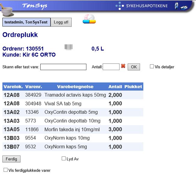 Dimensjon på endosepakningene fra Skien er lagt inn i TønSys vareregister. TønSys ordreplukk beregner totalvolumet (i liter) for de varene som har dimensjoner.