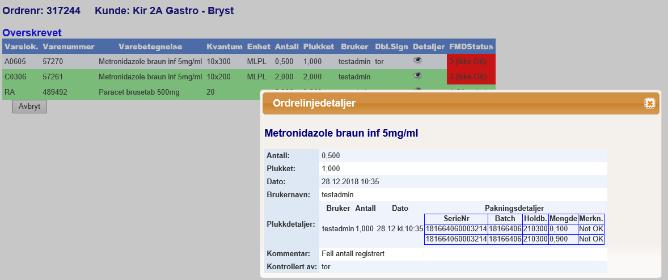 3 (Ikke OK) Ordreplukket er tilbakeført til FarmaPro, og en eller flere pakninger har feilet ved verifisering mot FMD-databasen.