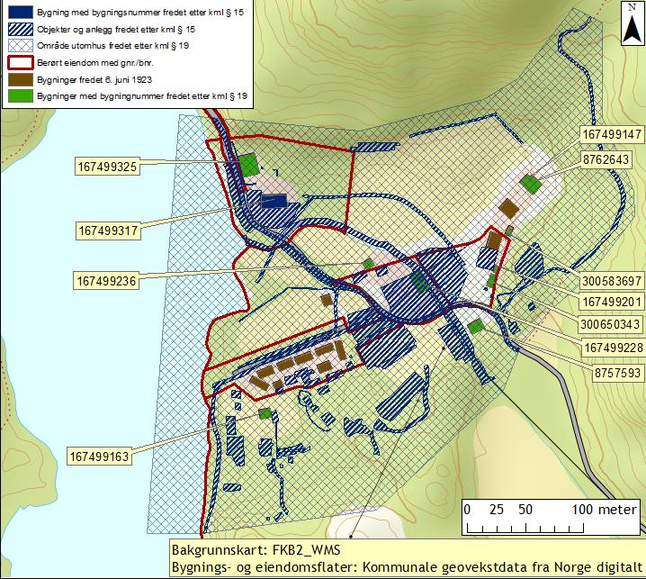4 Fredningen etter 19: Fredningen etter 19 omfatter arealet innenfor avgrensningen på kartet og gjelder eiendommene 2/67, 2/53, 2/67 og 2/93 samt deler av 601/78.