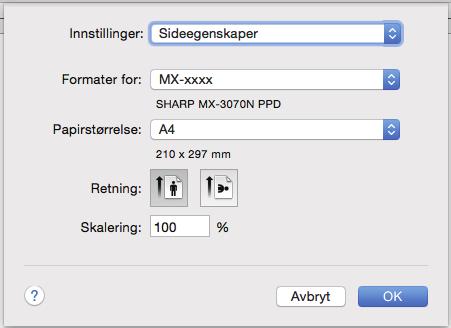 På MX-2630N/3050N/3550N/4050N/5050N/6050N kreves PS3-ekspansjonssettet for å kunne bruke maskinen som en skriver i et Mac OS-miljø. Velg [Utskriftsformat] på [Arkiv]-menyen.