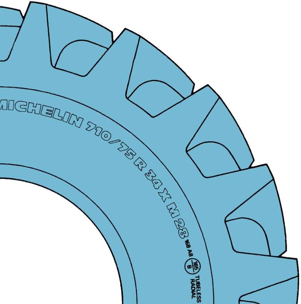 JKH Merking av landbruksdekk Produsentens varemerke 710: dekkets bredde i mm 75: høyde/breddeforhold (H/B) R: radialkonstruksjon 34: X: M28: innvendig diameter i tommer