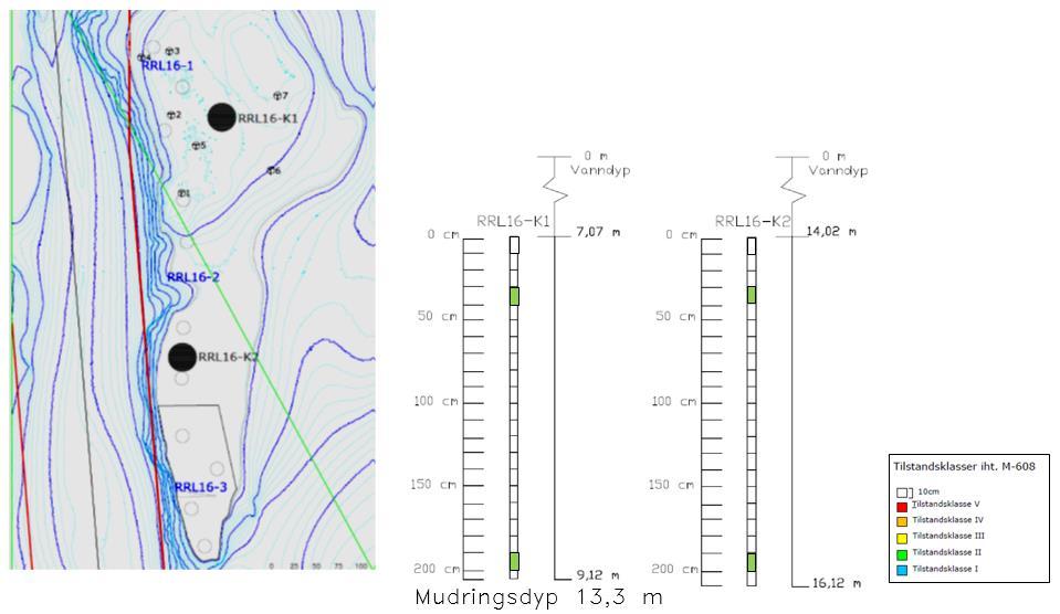 Sedimentprøver og Analyseresultater 3.2.3 Fugleskjørgrunnen vest Fugleskjørgrunnen skal mudres til 13,3 m vanndyp.