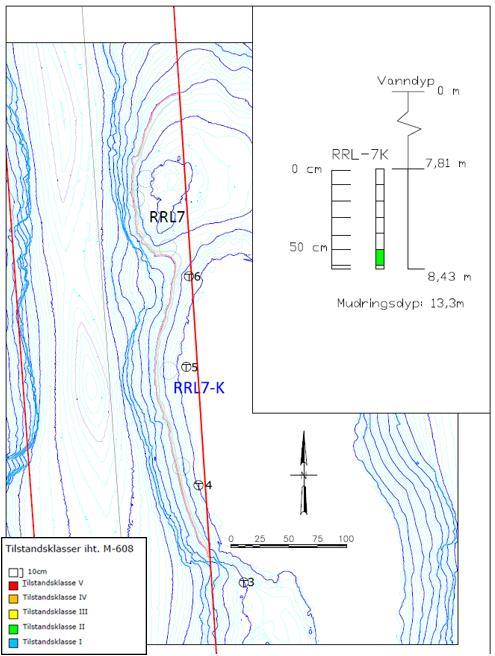Plassering av grabbprøver RRL6-A og B er også vist i kartet. 3.2.5 Løpegrunnen Løpegrunnen skal mudres og sprenges til 13,3 m vanndyp.