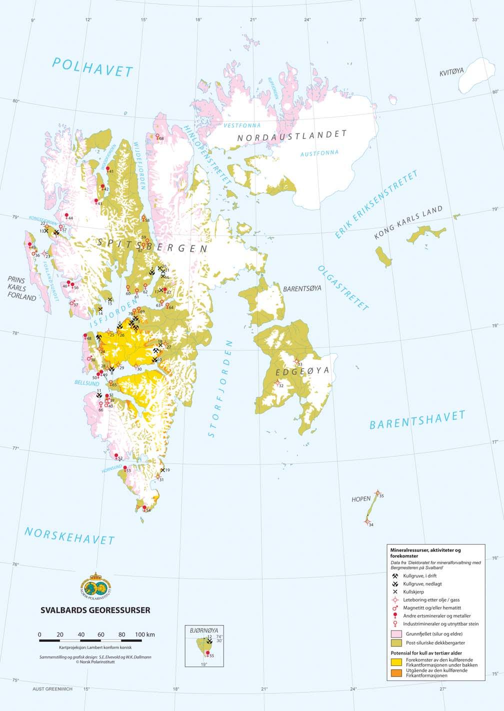 14 15 Mineralressurser, aktiviteter og forekomster Kullgruver i drift/ nedlagt (alderen til kullagene). År angir gruvedrift 1. Ny-Ålesund (tertiær) 1917-29, 1941, 1945-54, 1959-62 Kings Bay Kul Comp.