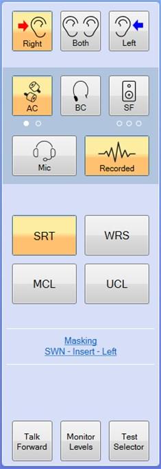 Du kan regulere monitornivået, aktivere dialogboksen Operatørmikrofon (Talk Forward) og bruke Testvelger (Test Selector) for hurtigvalg av ønsket brukertest.