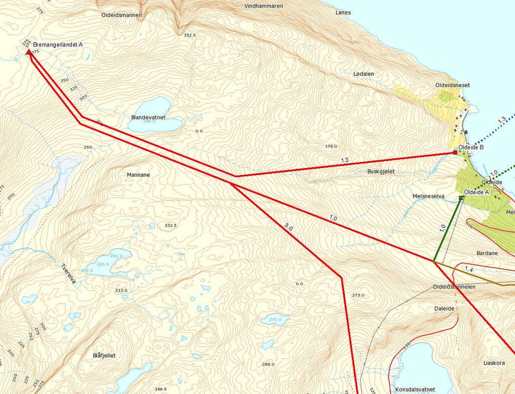 Figur 7. Omsøkt løsning innebærer at stasjonspunktet for Bremangerlandet samt ledningstraseer trekkes ca. 2 km lengre nord/vest.