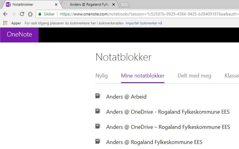 Begynn med å klikke på «Mine notatblokker». Da får du en liste over notatblokker som du selv har opprettet. Det vi må gjøre nå er å åpne alle notatblokker vi skal ha minst én gang hver.