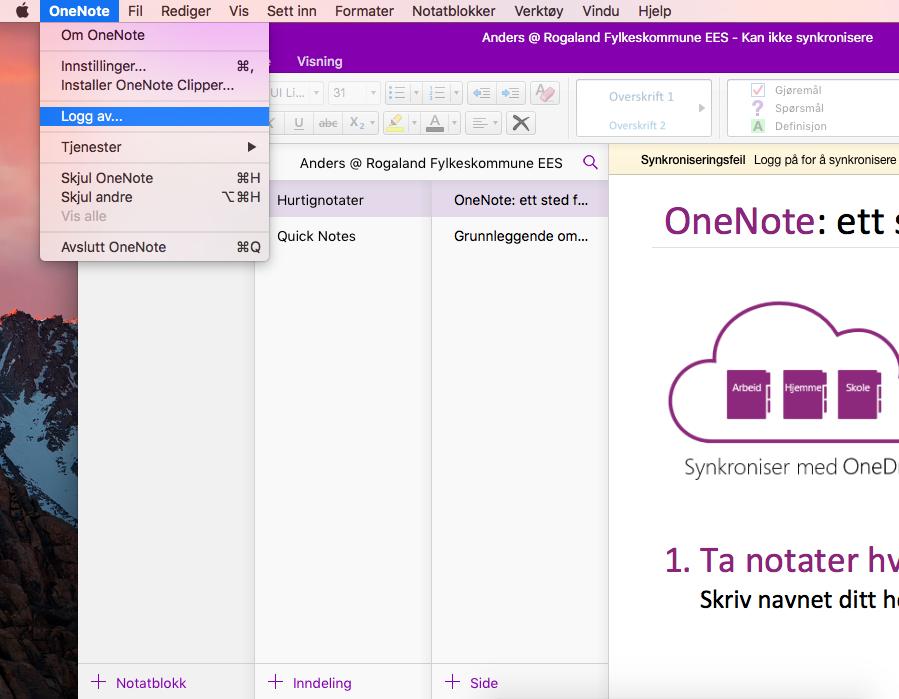 Mac Begynn med å åpne OneNote og logg av