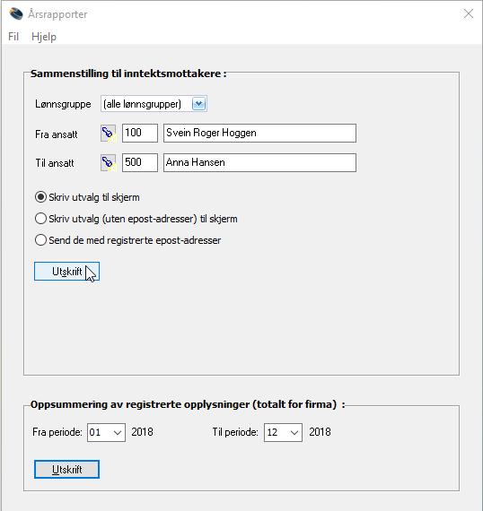 Du kan velge å skrive ut pr lønnsgrupper eller alle samtidig.