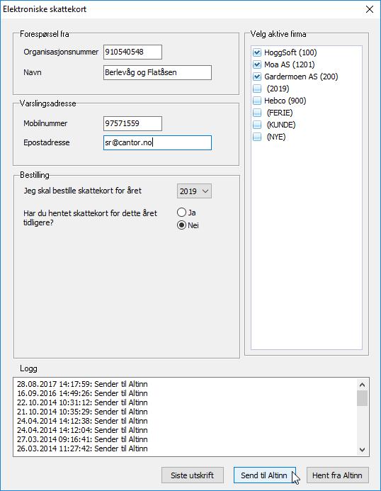 Kryss av for aktuelle firma og klikk på Send til Altinn. Veiledning på henting av skattekort finner du på www.cantor.