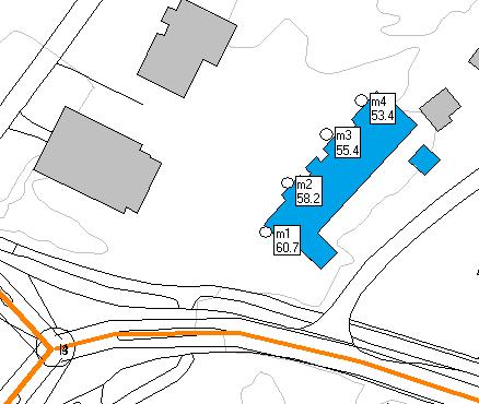 Det blir balkonger på bygget mot SV og NV. Kart 4 under viser lydnivåene utenfor balkongene i 2. etasje. Lydnivåene i 1., 3. og 4. etasje blir lavere enn i 2. etasje. Kart 4 Lydnivå ved balkonger L den (dba) Som det fremgår ligger nivåene fra ca.