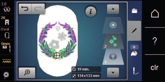 Kreativ brodering > Velge alle broderimotiver (2). 2 > Trykk på ikonet «i»-dialog. > Trykk på ikonet «Gruppere». Alle broderimotiver legges til i broderimotivgruppen. > Velg broderimotivgruppe.
