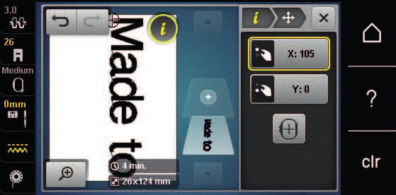 Kreativ brodering > Drei «Multifunksjonsknapp nede» for å flytte broderimotivet på langs (vertikalt).