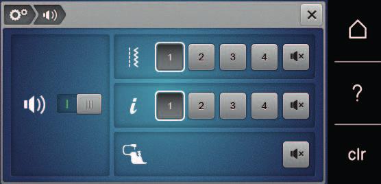 Setup-program > Trykk på ikonet «Høyttaler» i område (3) for å deaktivere lydsignal ved valg av funksjoner. > Trykk på ikonet «Høyttaler» i område (4) for å deaktivere lydsignal ved bruk av BSR-modi.
