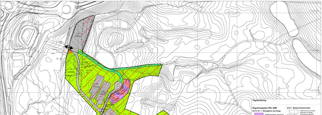 FORHOLDET TIL GJELDENDE REGULERING Gjeldende reguleringsplan Gjeldende regulering viser ny veitrase i relativt bratt terreng og en gjennomføring av planen vil medføre store inngrep i terreng.