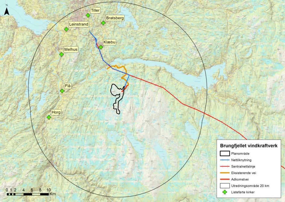 Figur 4.7. Listeførte kirker i utredningsområdet for Brungfjellet vindkraftverk. Klæbu kirke Klæbu kirke (figur 4.