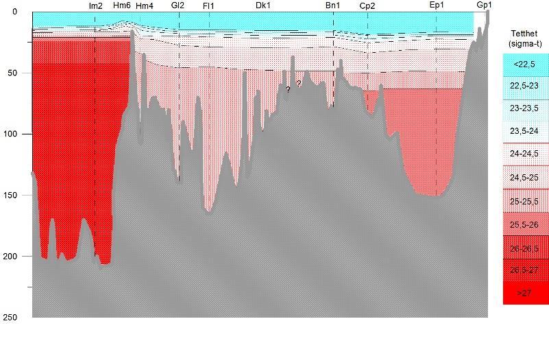 Sjøvannets tetthet i perioden mai 2017 til mai 2018 Sigma-t er definert som ρ(s,t)-1000 kg m 3.