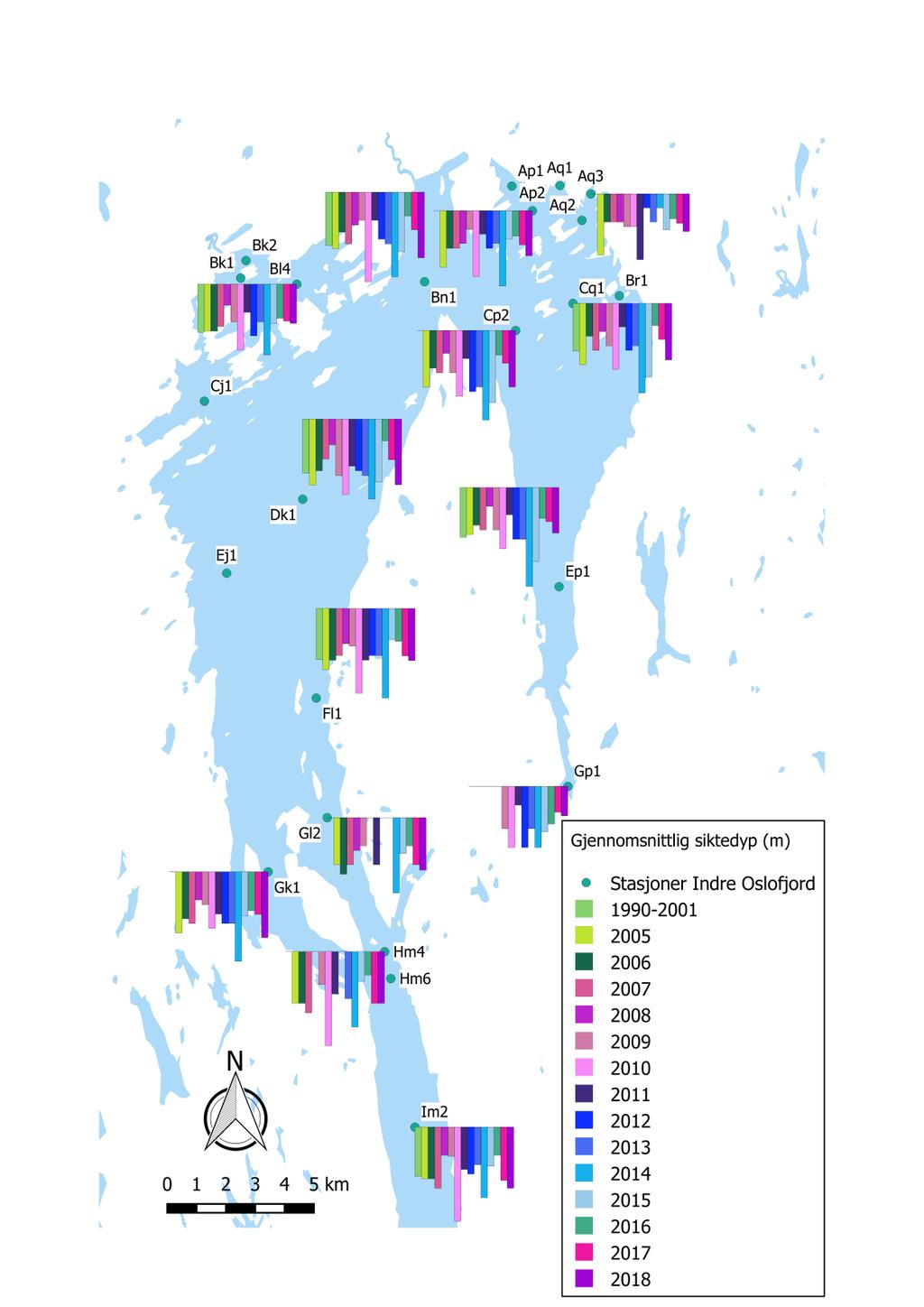 Siktedypmålinger for mai måned i 2018 og foregående år Plottede data på kartet til venstre viser gjennomsnittlige maimålinger ved utvalgte stasjoner i Indre Oslofjord (i perioden 2005-2018).