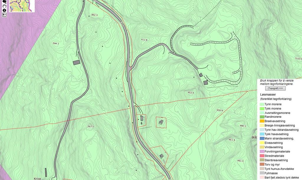 Et utsnitt av kvartærgeologisk kart over området er vist i figur 4.