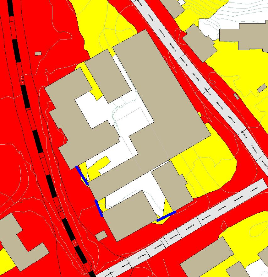 Figur 4: L den, sumstøy jernbane- og vegtrafikk, 1,5 meters høyde. Gul sone L den 55-65, Rød Sone, L den > 65 db. Støyskjermer er angitt i blått.