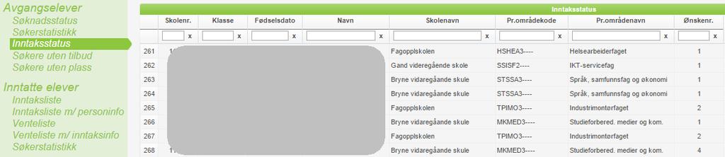 Inntaksstatus Viser hvor elever ved egen skole er tatt inn/fått tilbud. Skolenr her er altså den skolen vedkommende er registrert med som avgiverskole (den videregående skolen).