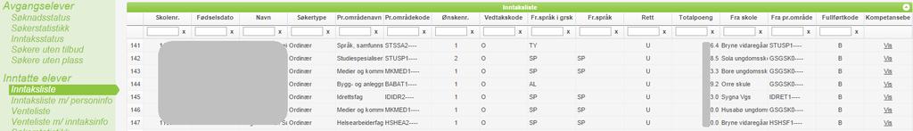 Tabellen viser inntatt skole (egen skole), fødselsdato, elevnavn, søkertype (ordinær søker, fortrinnssøker, individuell søknadsbehandling eller minoritetssøker), inntatt programområdenavn, inntatt