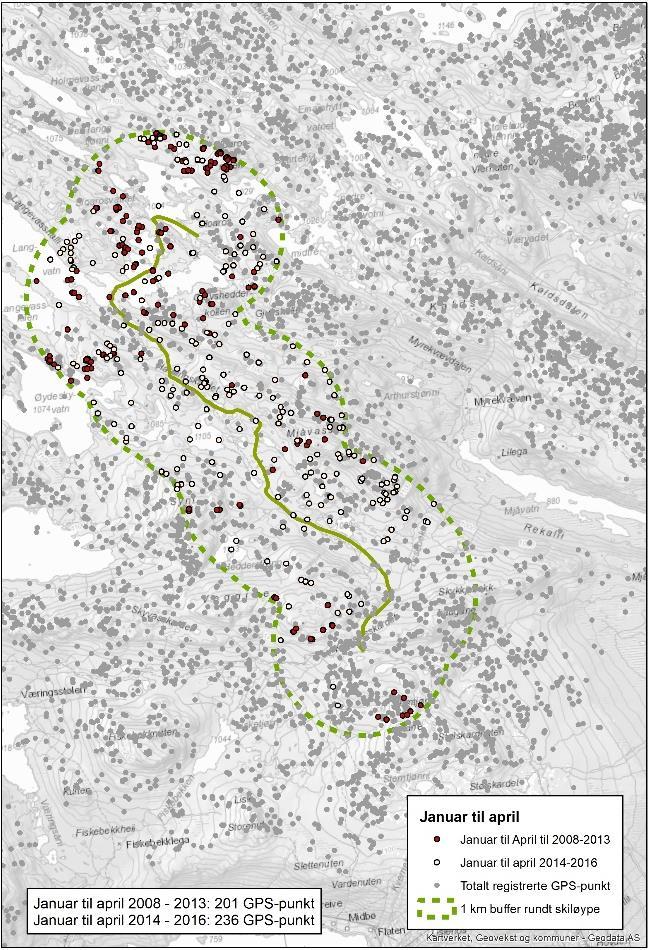 Effekt av skiløyper/skiløpere Sloaros 2008 2013 6 år og 201 GPS-pkt (Totalt ca.