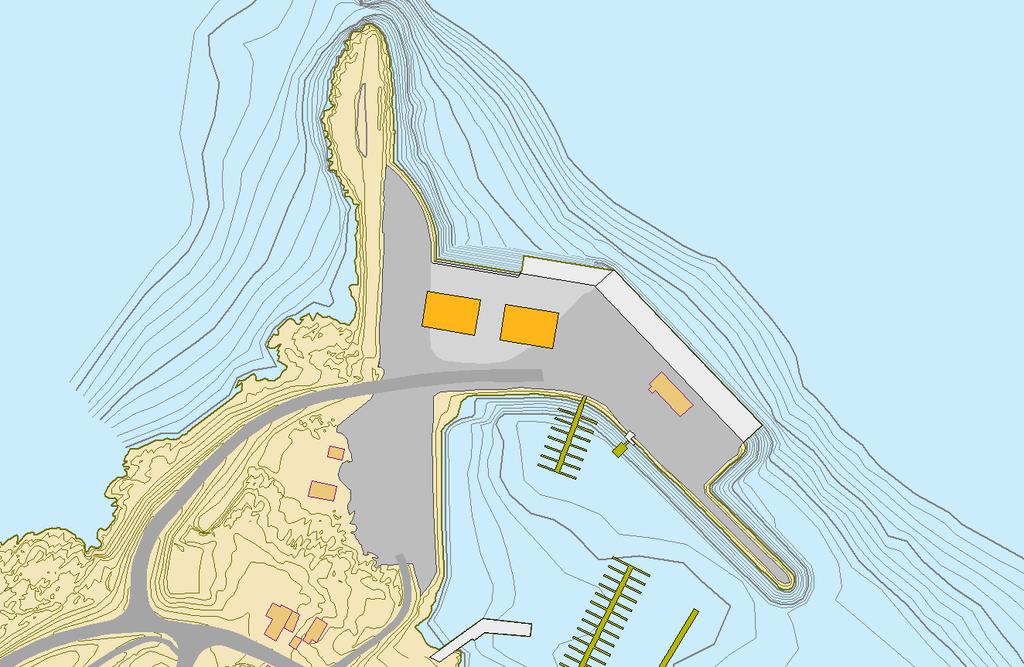 Sak 10/13 Illustrasjonen viser nytt industriområde i lysegrått, med ny 50 meters kaifront. Vurdering av dette området: God dybde ved kai (7-9 m), og området ligger skjermet bak stor-moloen.