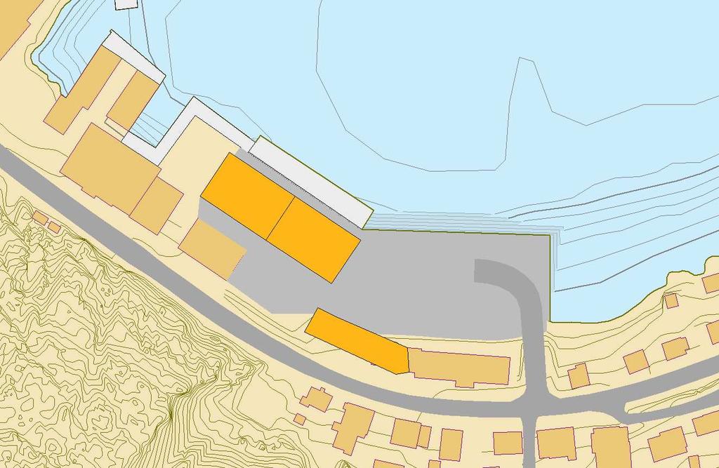 Sak 10/13 2. Området ved gamle Hustadbruket: Illustrasjon med ny fylling, to nye bygg på 600 m2 og kaifront på 50 meter. Vurdering av området: Dette er det beste maritime området i havna.